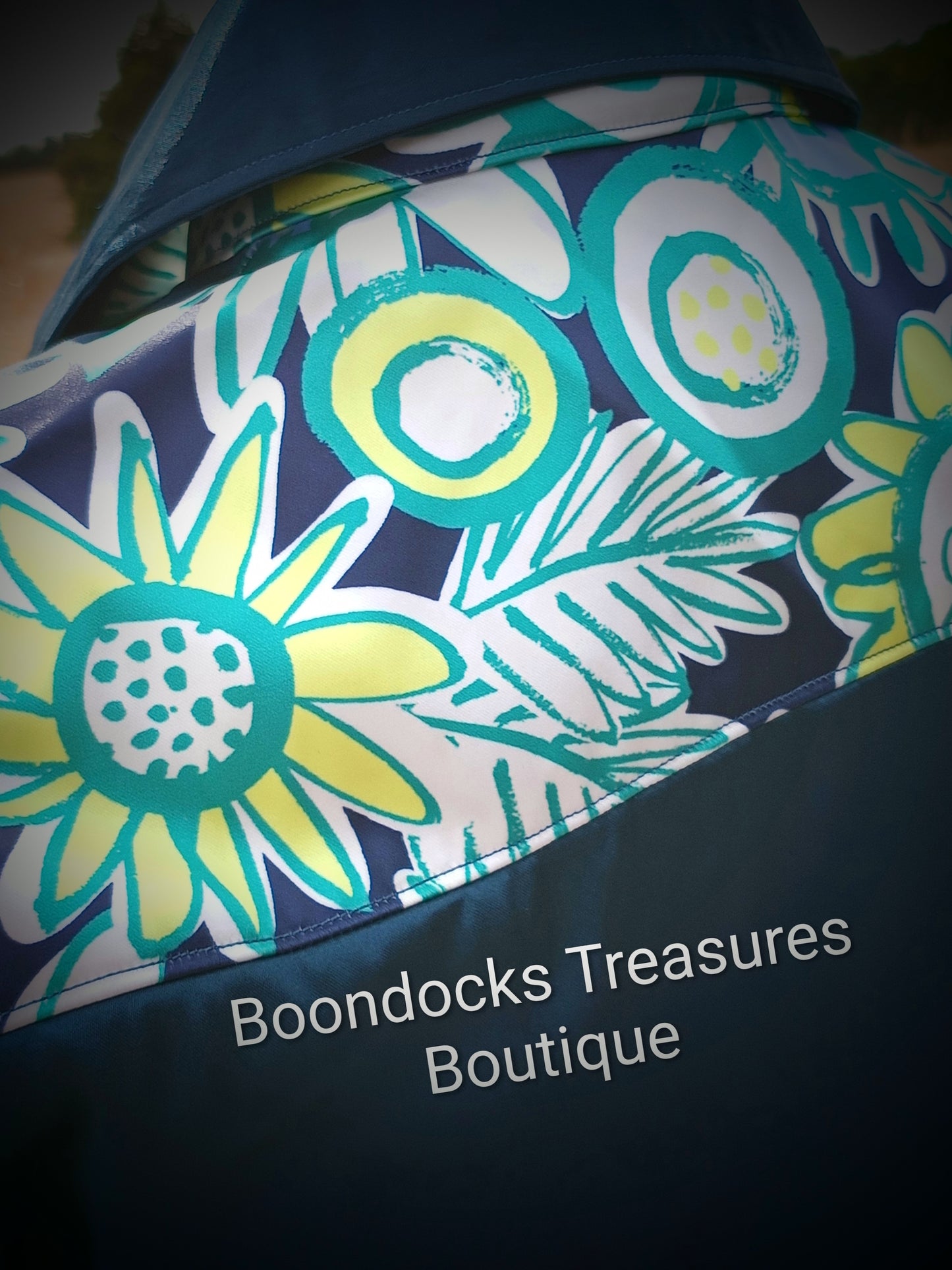 Navy blue satin shirt w/ "Hula Flowers"/drawn sunflowers print ACCENTS- Women's and Teen's Handmade Button up Shirts Pearl Snap Shirts Western Shirts Rodeo Shirts Show Shirts