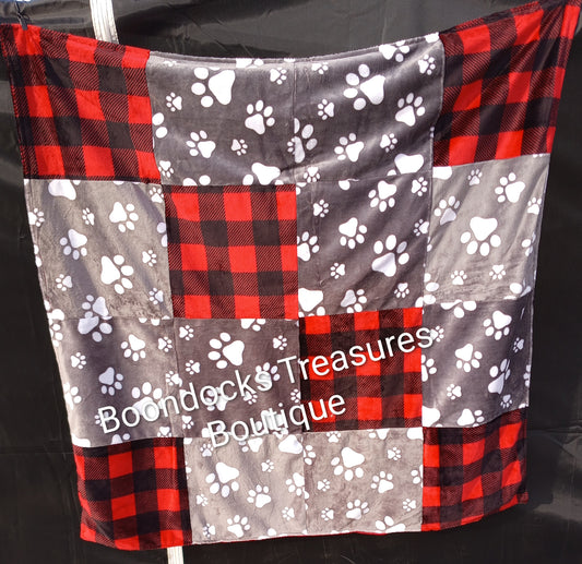 Patchwork "Puppy Paws" handmade minky fleece and satin baby blanket ONE_OF_A_KIND