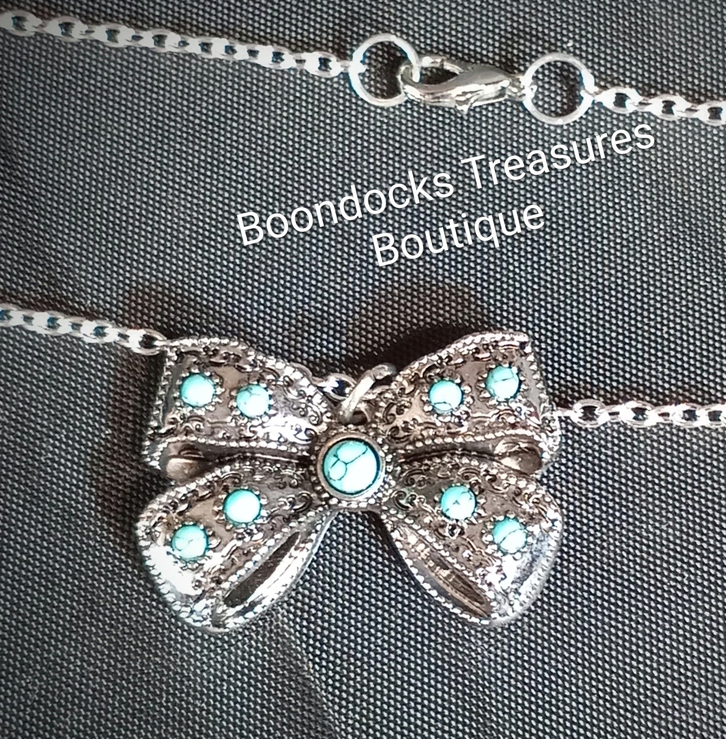 Silver and Turquoise Bow on Silver Chain Necklace-Handmade