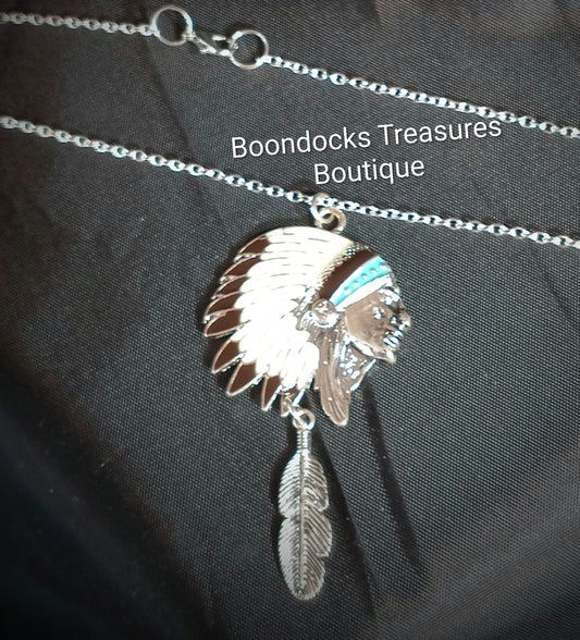 Native American Chief Pendant Necklace -Silver- Handmade- Statement Necklace