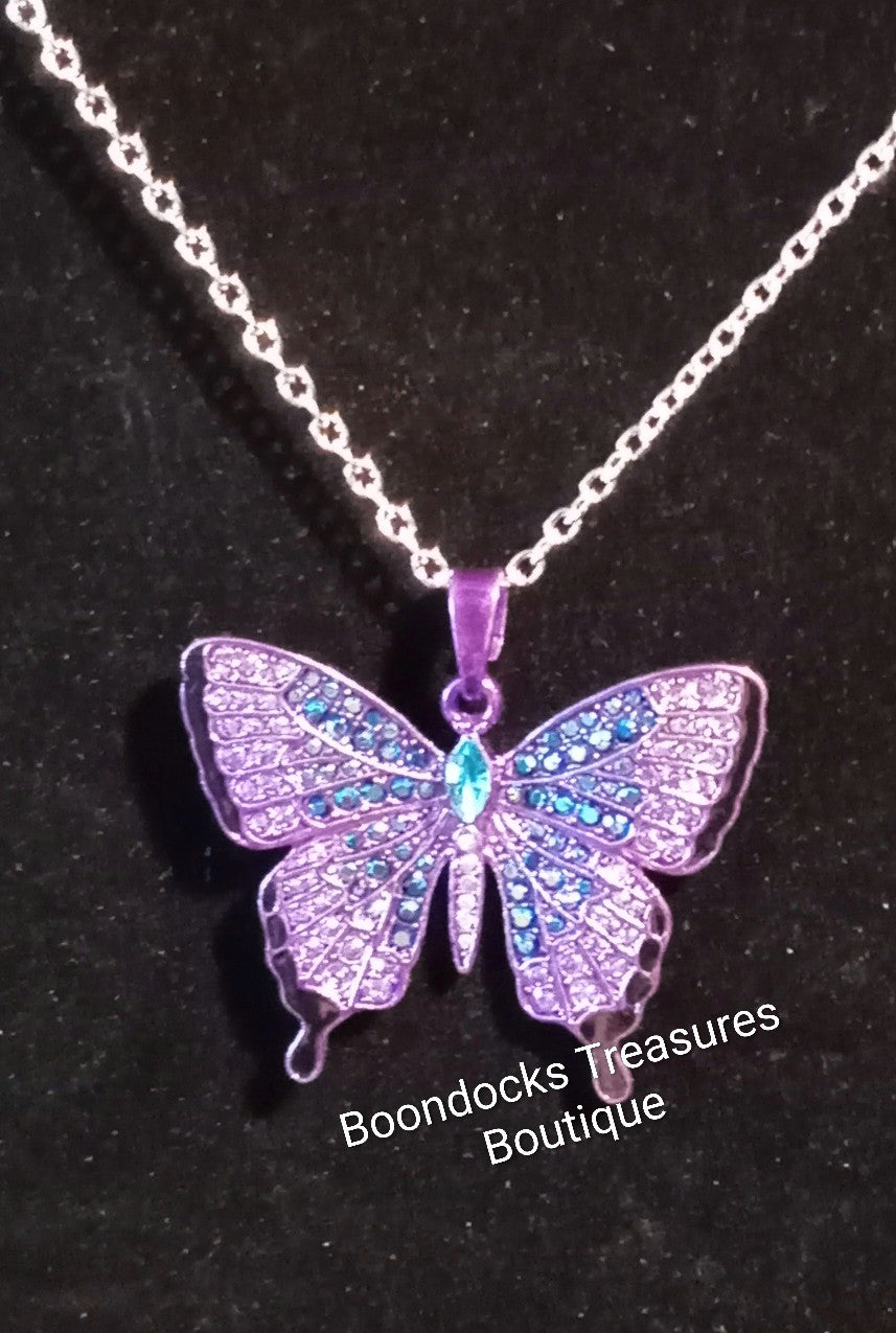 Purple Rhinestone Butterfly 🦋 Pendant Necklace -Silver- Handmade