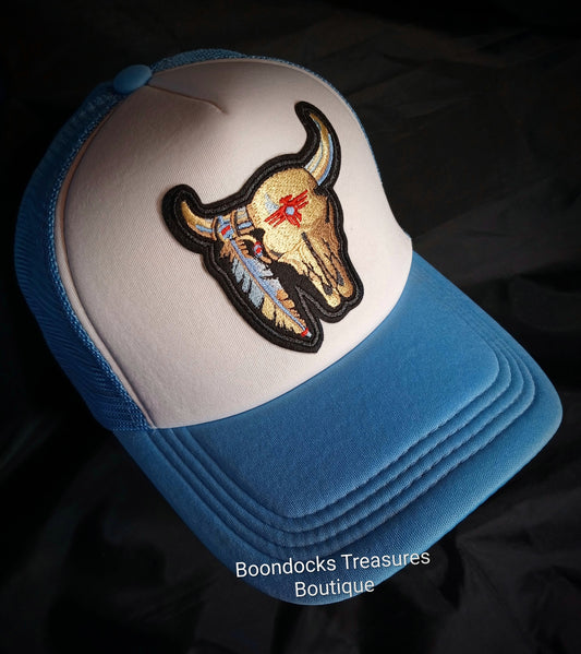 "Cow Skull w/ Feather" Patch embellished in- house on Light Blue 🩵 Trucker Hat