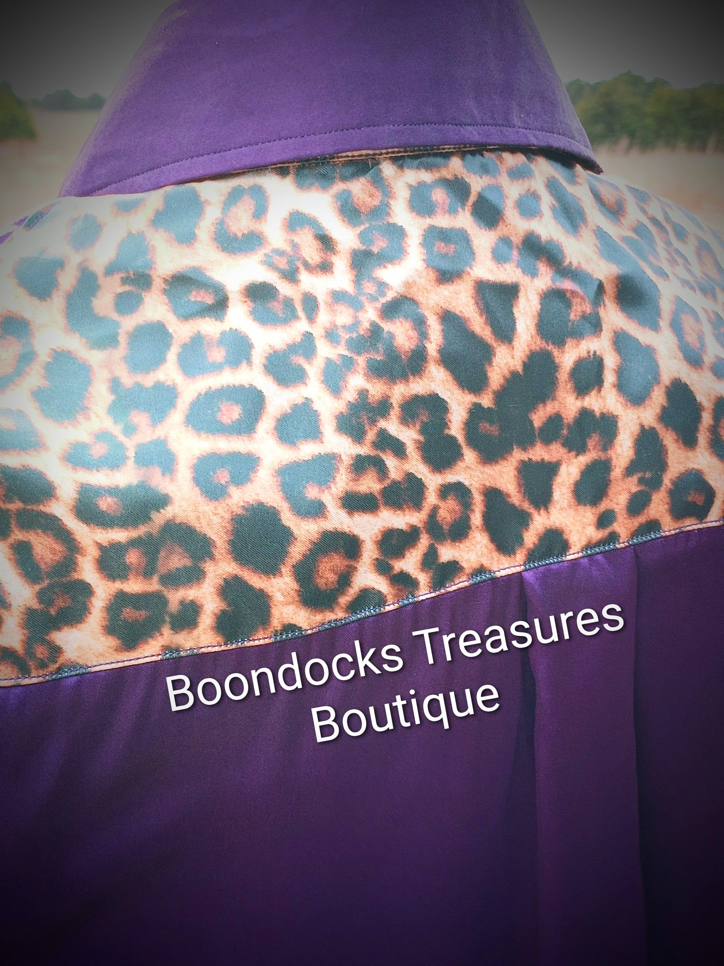 Purple satin shirt w/ dark leopard print ACCENTS- Women's and Teen's Handmade Button up Shirts Pearl Snap Shirts Western Shirts Rodeo Shirts Show Shirts