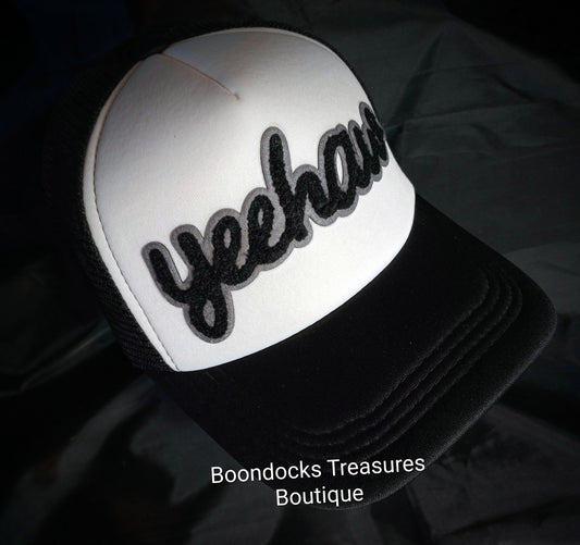 "Chenille Yeehaw" Patch embellished in- house on Black 🖤 Trucker Hat